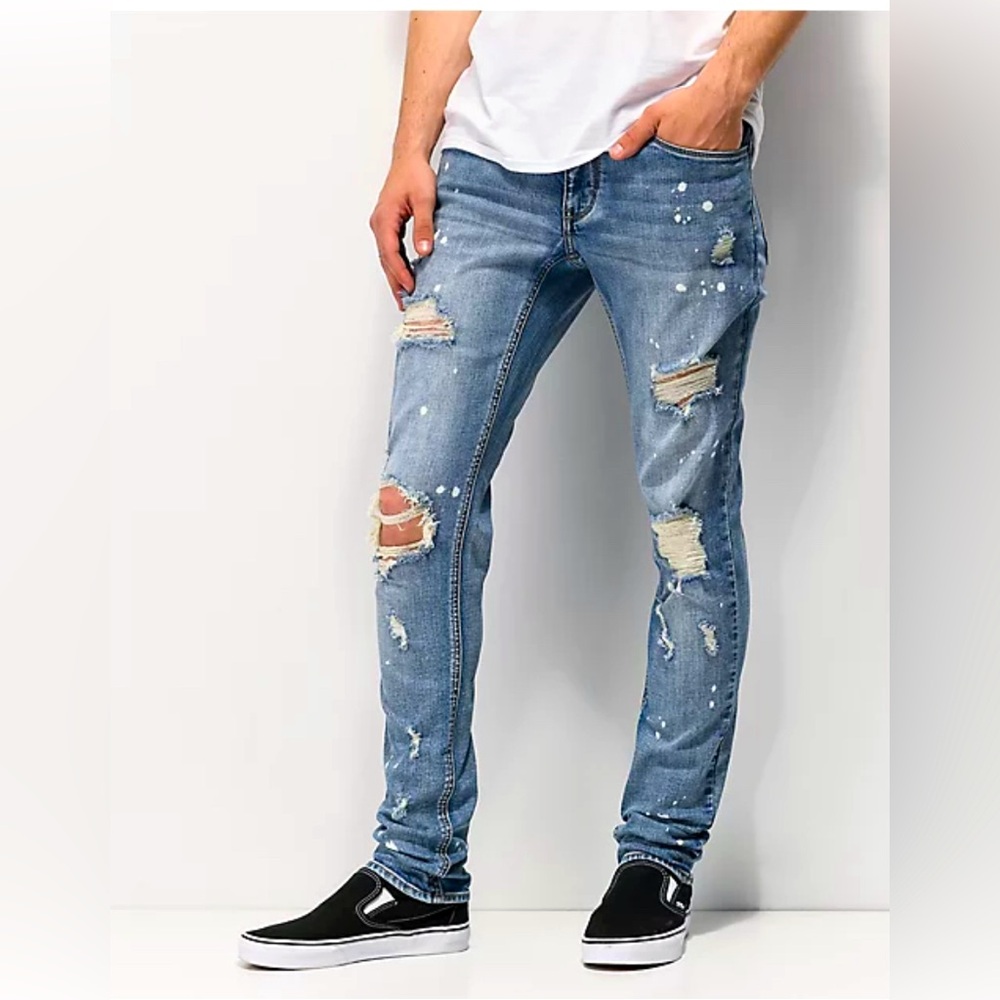 Empyre Recoil Harrison Blue Splatter Super Skinny Jeans 32
